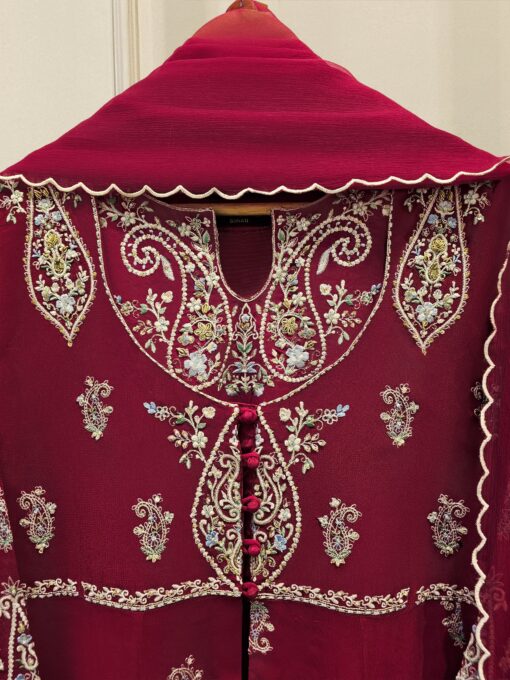 3 Piece - Pure Chiffon Embroidered Frock S111814 - Image 3