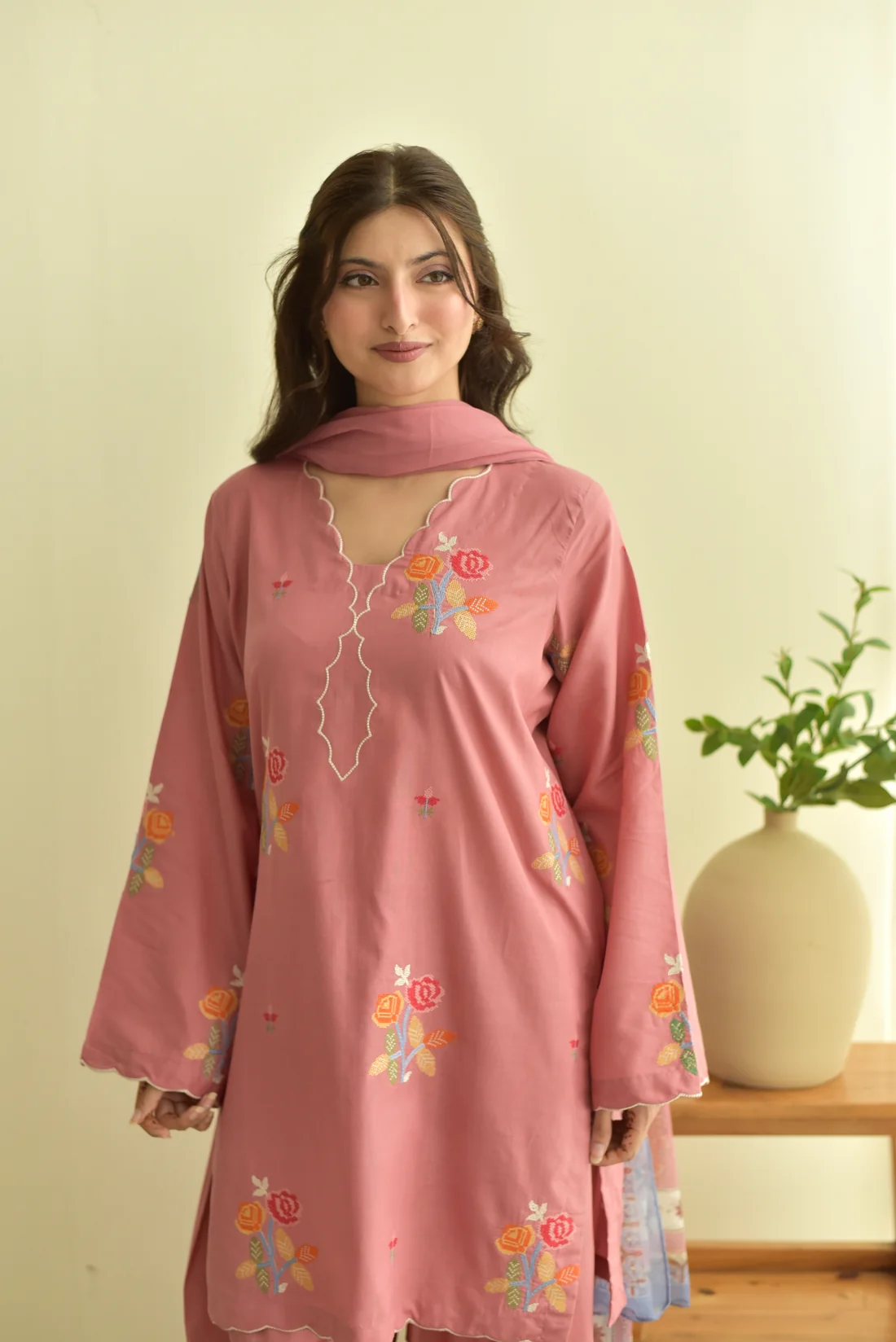 3 pc-Pink Cross Stitch Suit - Image 3