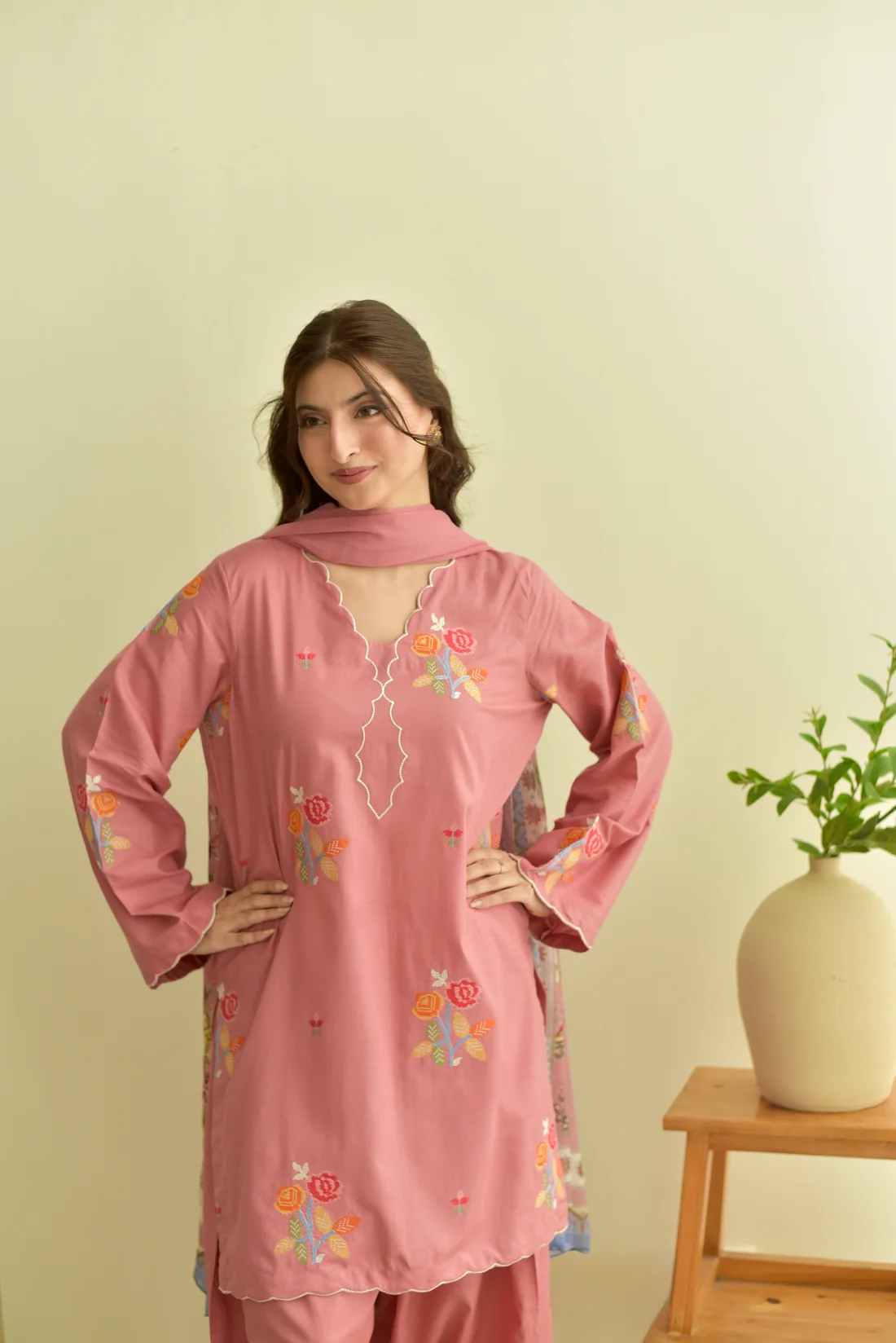 3 pc-Pink Cross Stitch Suit