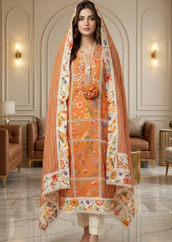 ABL 1279 ORANGE - Orange Poly Lawn Straight 3-Piece Women's Pakistani Suit