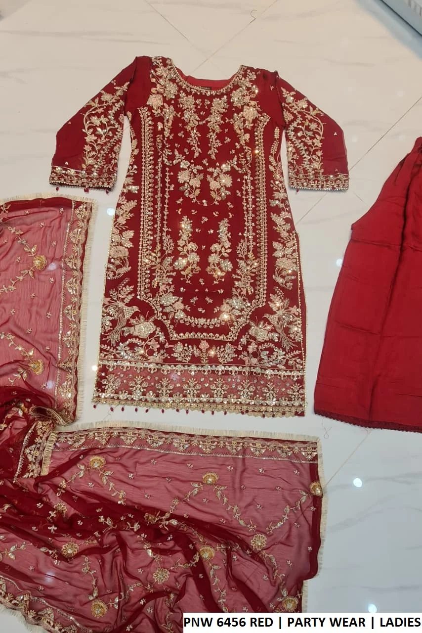 PNW 6456 RED - Red Chiffon Straight Shirt - Image 3