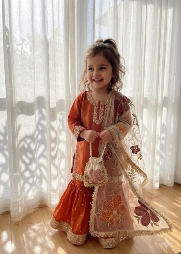 Girl wearing a burnt orange hand-painted garara set with a lace-trimmed shirt and floral organza dupatta