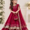 Shop kids festive wear in Dubai: a magenta Russian silk frock set with dabka handwork, silver lace, and a net dupatta. Perfect for weddings and Eid.