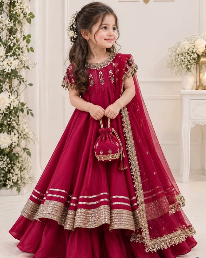 Shop kids festive wear in Dubai: a magenta Russian silk frock set with dabka handwork, silver lace, and a net dupatta. Perfect for weddings and Eid.