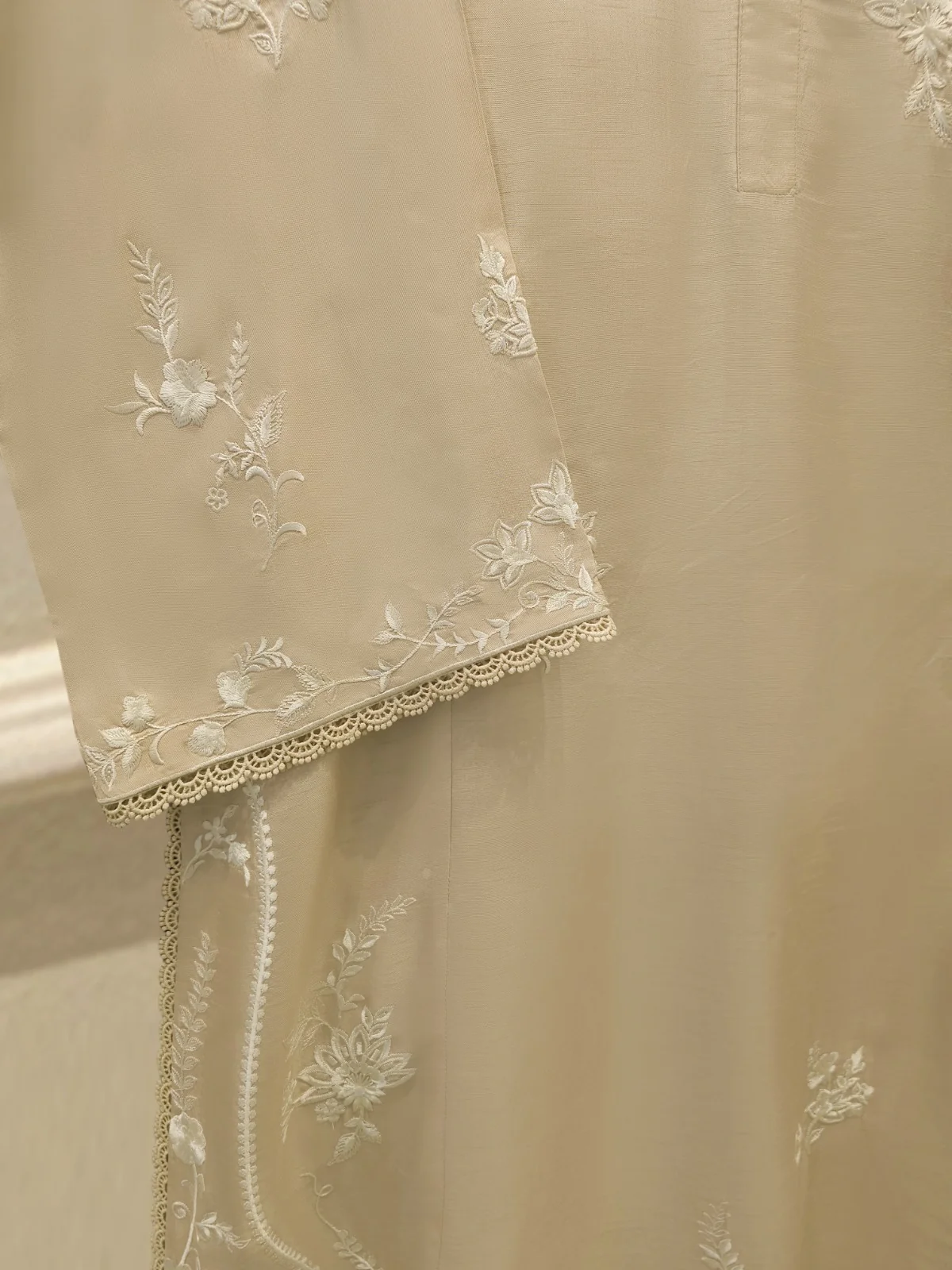 3 Piece- Pure Beige Korean Silk Embroidered Suit - Image 2
