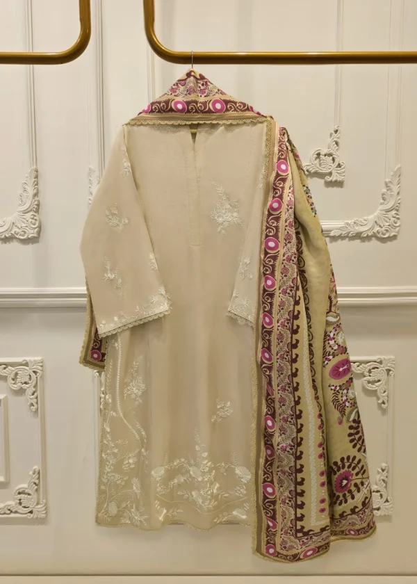 3 Piece- Pure Beige Korean Silk Embroidered Suit
