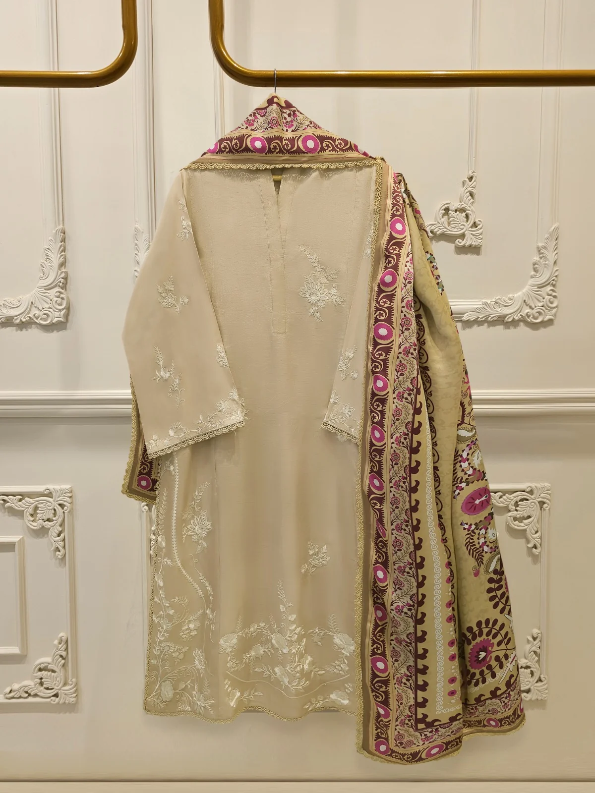 3 Piece- Pure Beige Korean Silk Embroidered Suit