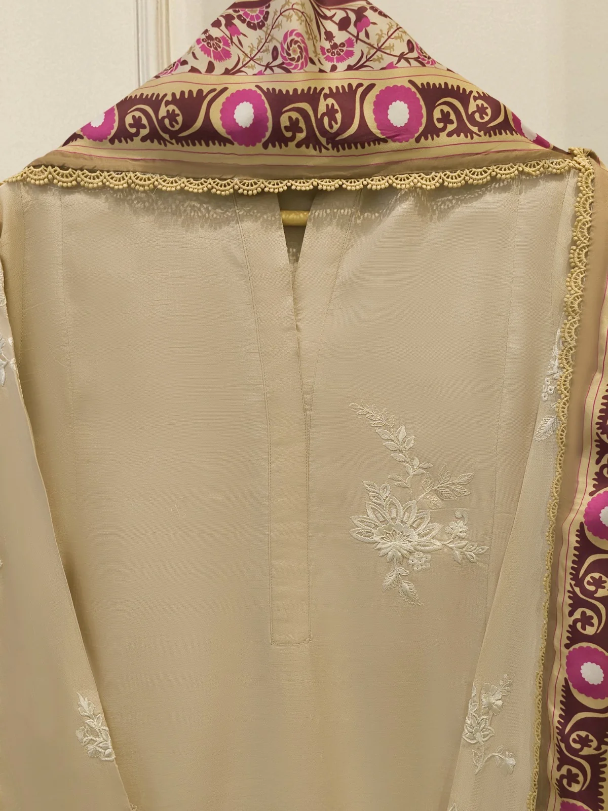 3 Piece- Pure Beige Korean Silk Embroidered Suit - Image 3