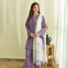 Purple Pakistani suit UAE: Dilara heart-print 3 piece lawn set with farshi trousers and white printed dupatta