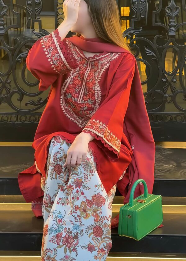 Red embroidered Pakistani suit UAE: Kesar 3 piece lawn set with floral neckline embroidery and digital print farshi