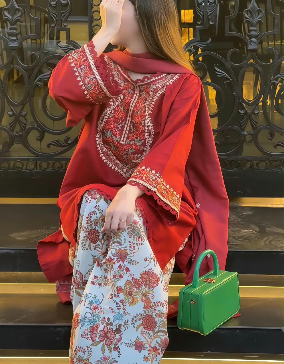 Red embroidered Pakistani suit UAE: Kesar 3 piece lawn set with floral neckline embroidery and digital print farshi